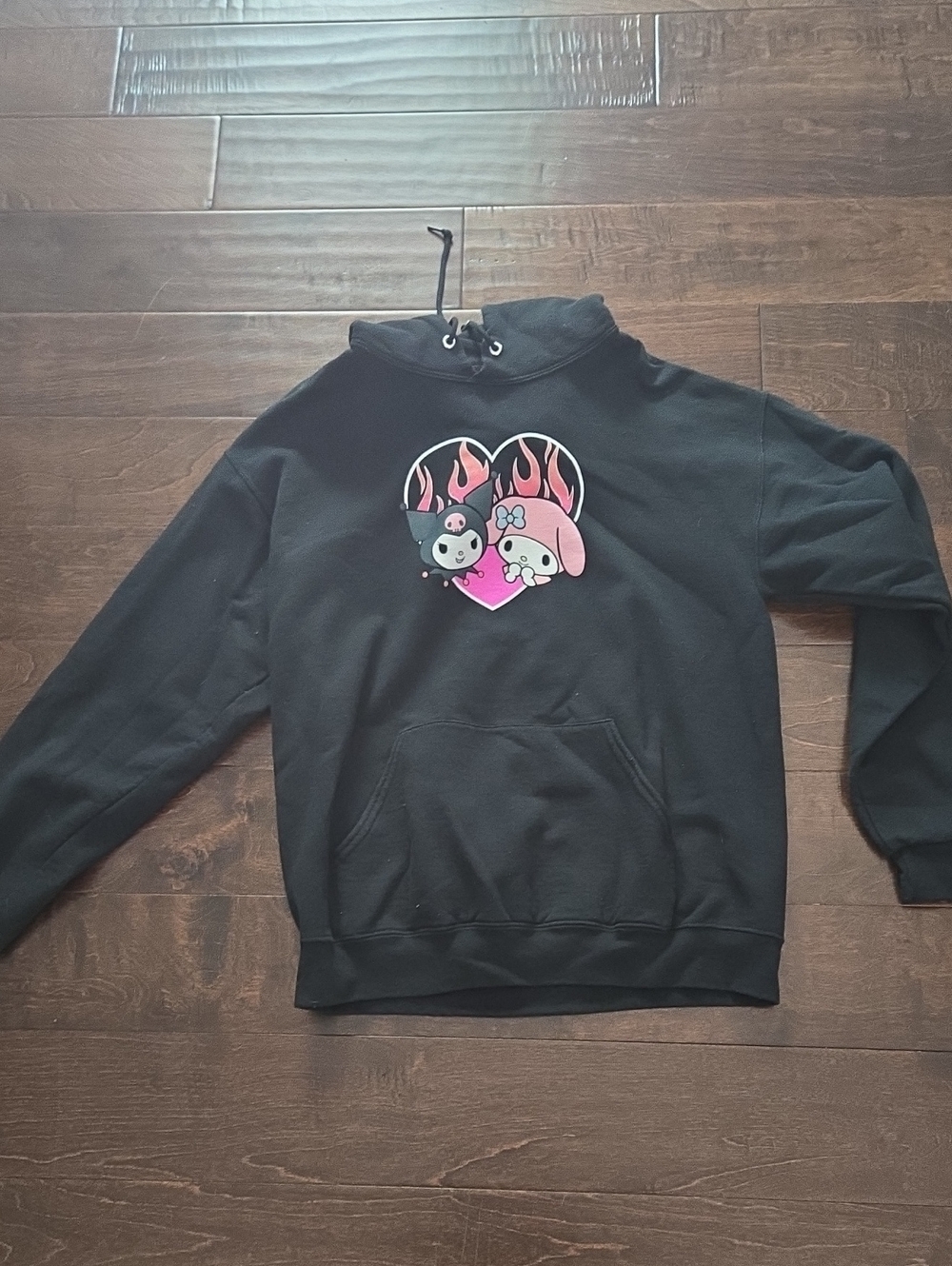 Sanrio Black Hoodie with Pink and Red Heart Flame Graphic